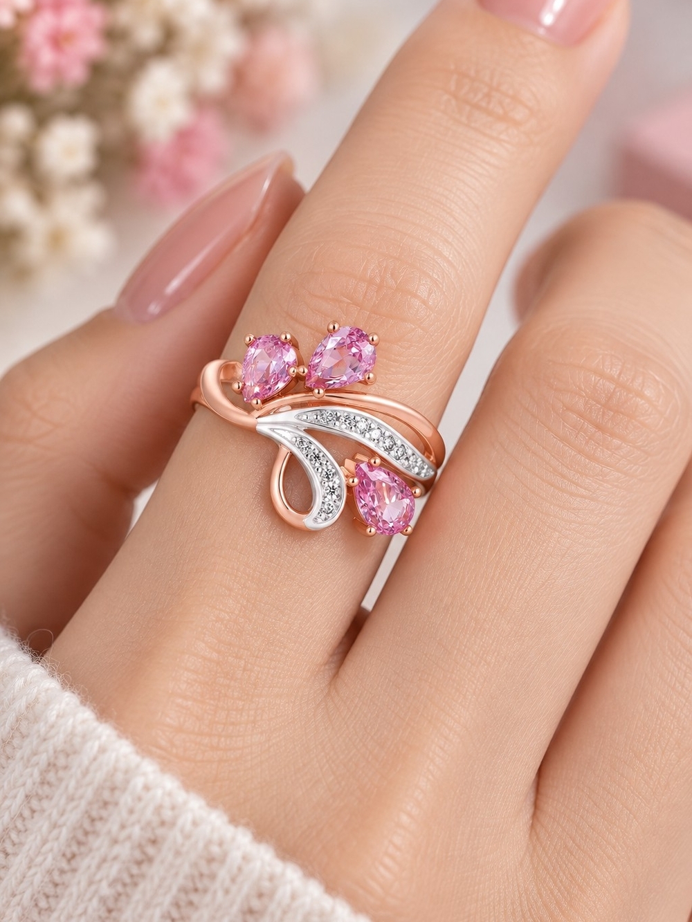 Rose Gold Pink Teardrop Crystal Ring - Elegant Women Jewelry
